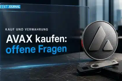 Avalanche kaufen: AVAX-Metallemblem neben Sicherheitsschlüssel und geschlossenem Ledernotizbuch