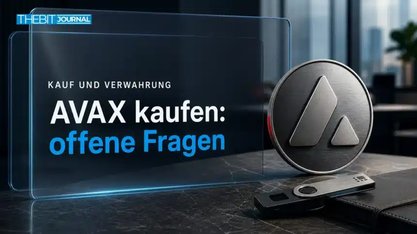 Avalanche kaufen: AVAX-Metallemblem neben Sicherheitsschlüssel und geschlossenem Ledernotizbuch
