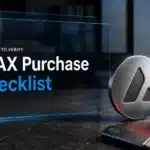 Illustration for an Avalanche purchase checklist, with a metal AVAX emblem and physical security key