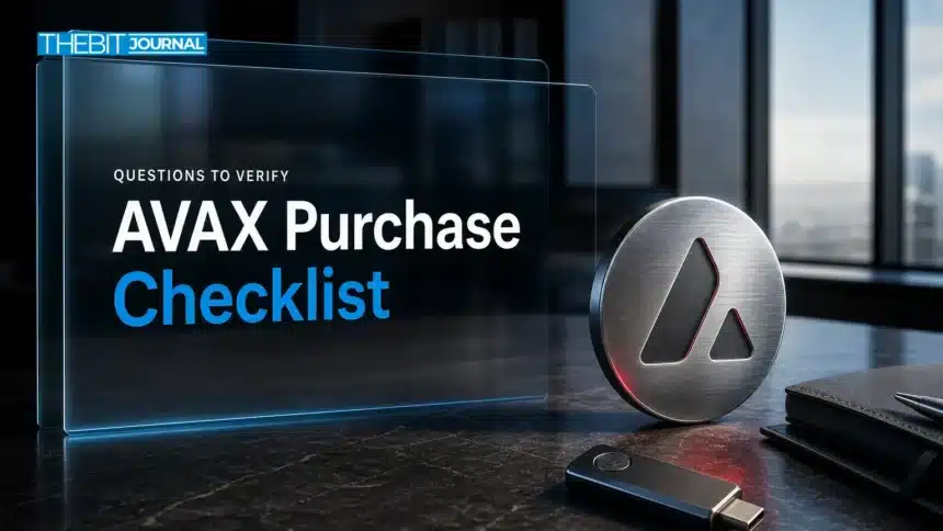 How to buy Avalanche: AVAX Purchase Checks and Market Context 7 Illustration for an Avalanche purchase checklist, with a metal AVAX emblem and physical security key