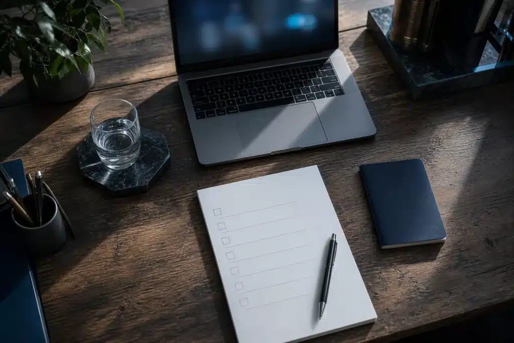 Laptop und unbeschrifteter Papierbogen zur Prüfung von Konto- und Zahlungsbedingungen