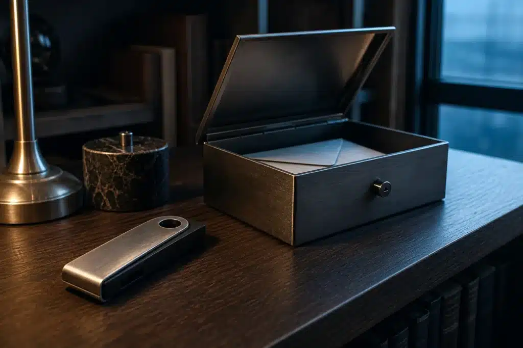 Hardware-Wallet neben einer Stahldokumentenbox und einem versiegelten Umschlag