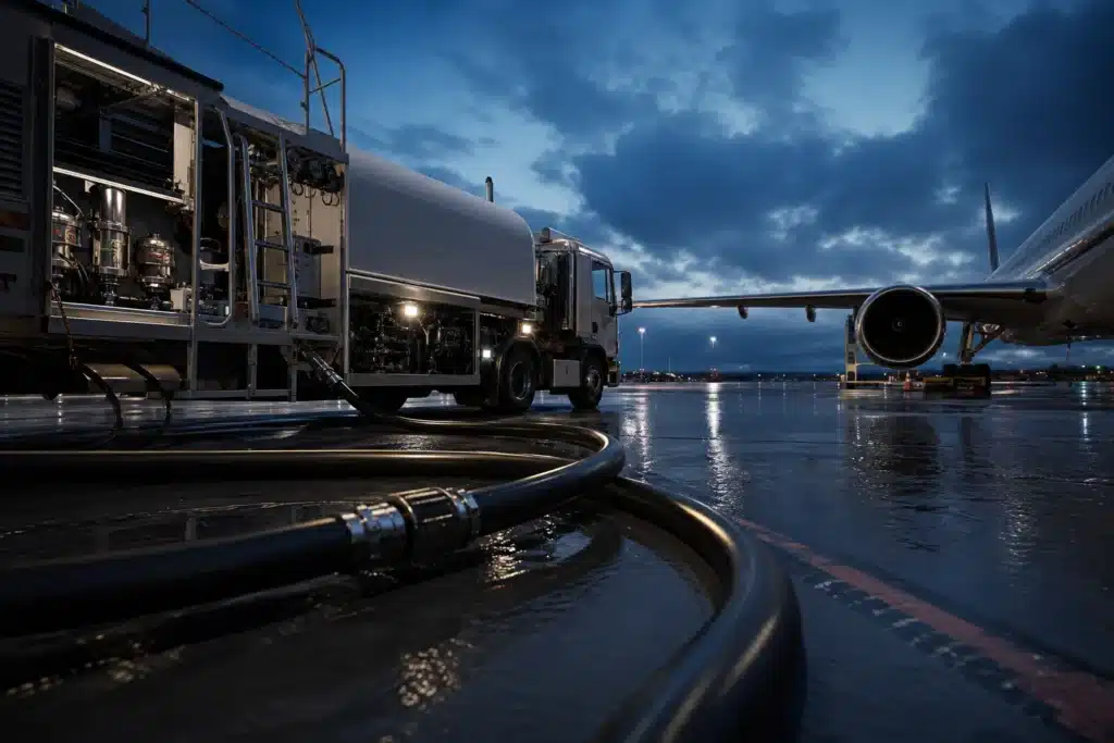 Tankwagen neben einem Jet in der Abenddämmerung, Bezug zur Petrobras-Kraftstoffverfolgung auf Cardano