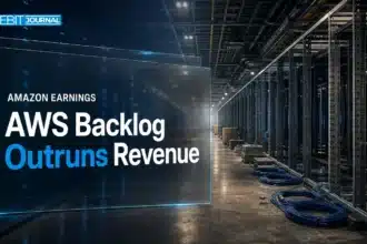 Data center aisle with half-built server racks illustrating the AWS backlog outpacing cloud capacity