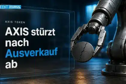 Roboterarm hält eine gesprungene Metallmünze, Symbolbild zum AXIS Token Absturz nach Insider-Vorwürfen