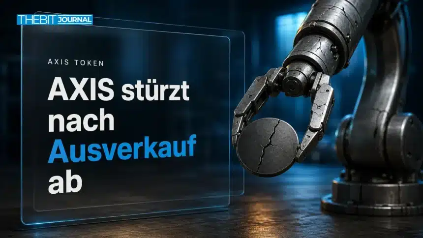Roboterarm hält eine gesprungene Metallmünze, Symbolbild zum AXIS Token Absturz nach Insider-Vorwürfen