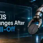 Robotic arm gripping a cracked metal token, illustrating the AXIS token crash after insider selling claims
