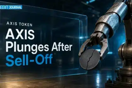 Robotic arm gripping a cracked metal token, illustrating the AXIS token crash after insider selling claims