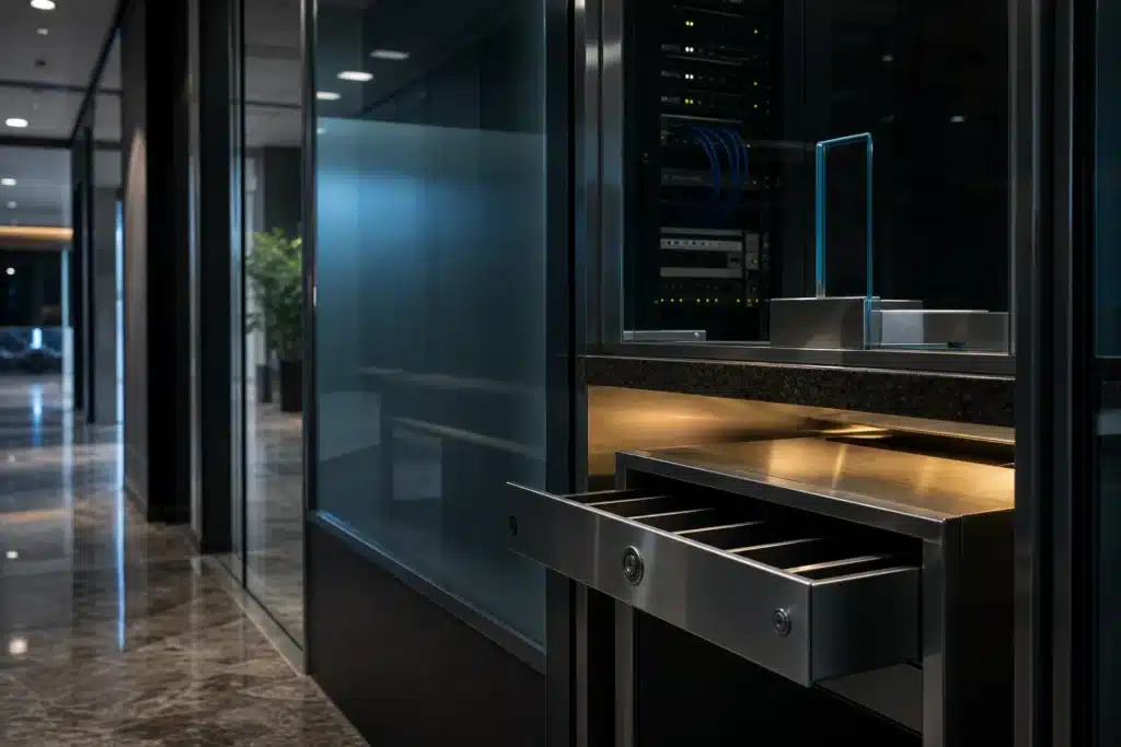 Bank payout drawer and secure network cabinet behind an office glass partition