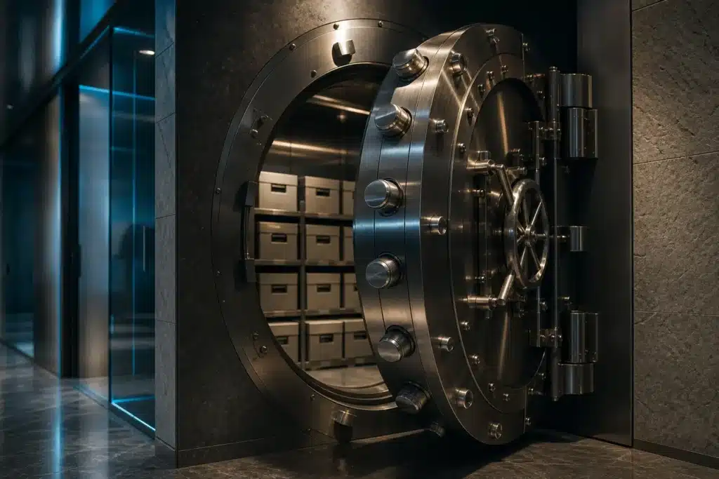 Crypto News Today: Strategy Dividends, RLUSD Rating, Data Leaks 9 Open steel bank vault door with sealed boxes inside, representing stablecoin reserves held with a custodian