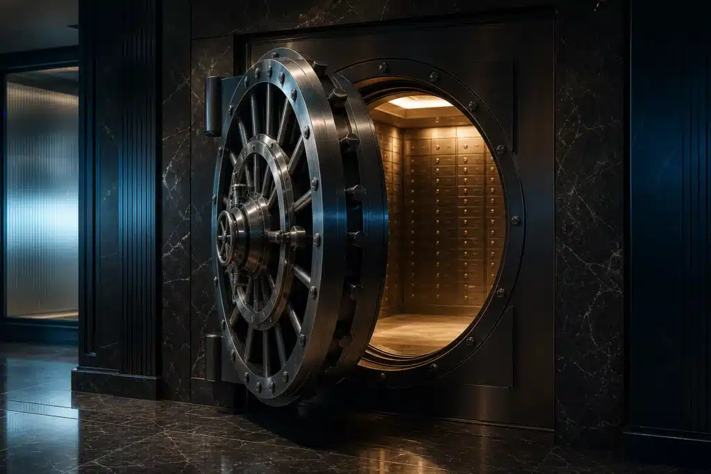 Partly open steel bank vault door symbolising institutional tokenization and investment risk