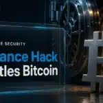 Binance hack concept: metal bitcoin sculpture beside an open steel vault in dim emergency light