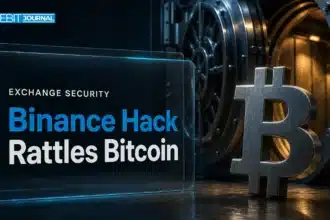Binance hack concept: metal bitcoin sculpture beside an open steel vault in dim emergency light