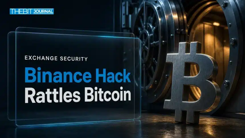Suspected Binance Hack Sends Bitcoin Below $79,000; Losses Estimated Up to $5.9B 7 Binance hack concept: metal bitcoin sculpture beside an open steel vault in dim emergency light