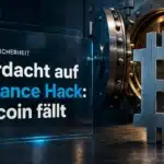 Binance Hack: Bitcoin-Skulptur aus Metall neben einem offenen Stahltresor im schwachen Notlicht