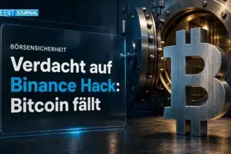 Binance Hack: Bitcoin-Skulptur aus Metall neben einem offenen Stahltresor im schwachen Notlicht