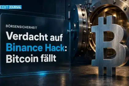 Binance Hack: Bitcoin-Skulptur aus Metall neben einem offenen Stahltresor im schwachen Notlicht
