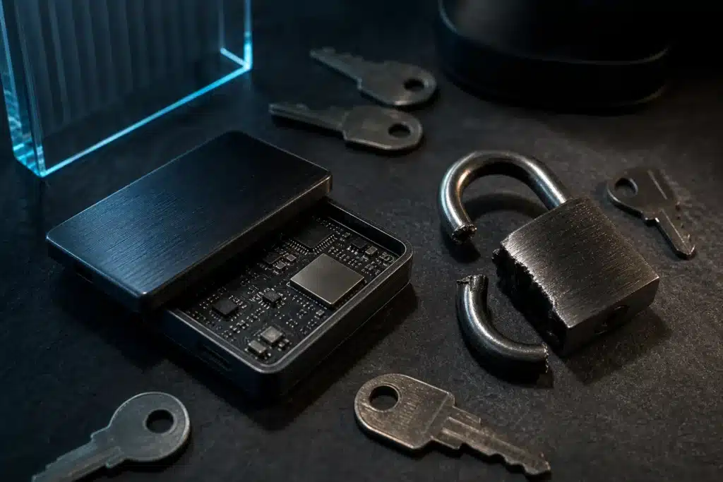Is BNB a Good Investment in 2026? What the Data and Risks Show 9 Broken padlock and hardware device on a dark desk symbolising the Binance hot wallet hack