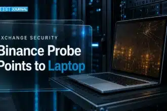 Compromised laptop in a server room illustrating the Binance hack traced to a DevOps engineer's device