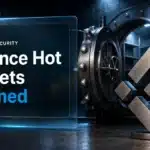 Brushed-metal BNB emblem beside an empty open vault illustrating the suspected Binance hack