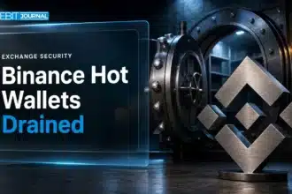 Brushed-metal BNB emblem beside an empty open vault illustrating the suspected Binance hack