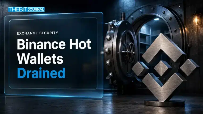 Suspected Binance Hack Drains $5.5B as Tether and Circle Freeze $1.8B 7 Brushed-metal BNB emblem beside an empty open vault illustrating the suspected Binance hack