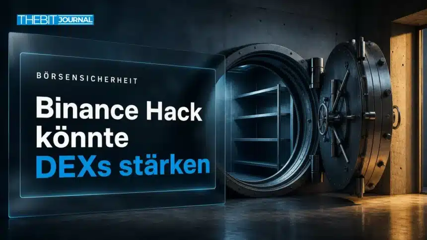 Offener, leerer Stahltresor als Symbol für den Binance Hack und eine mögliche Verlagerung zu dezentralen Börsen