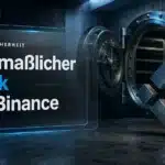 BNB-Emblem aus gebürstetem Metall neben einem leeren, offenen Tresor zum mutmaßlichen Binance Hack
