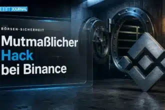 BNB-Emblem aus gebürstetem Metall neben einem leeren, offenen Tresor zum mutmaßlichen Binance Hack