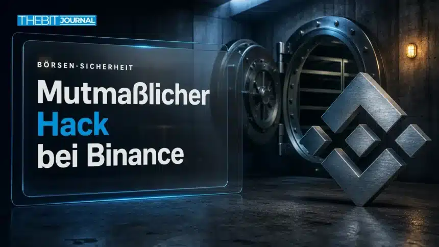 Binance Hack: 5,5 Mrd. Dollar abgeflossen, Tether und Circle frieren ein 7 BNB-Emblem aus gebürstetem Metall neben einem leeren, offenen Tresor zum mutmaßlichen Binance Hack