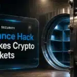 Half-open steel vault illustrating the Binance hack, the largest crypto theft on record