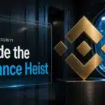 Gold Binance logo sculpture beside an open vault door illustrating the binance hack
