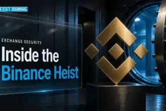Gold Binance logo sculpture beside an open vault door illustrating the binance hack