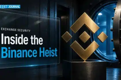 Gold Binance logo sculpture beside an open vault door illustrating the binance hack
