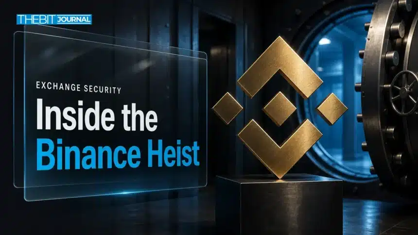 Gold Binance logo sculpture beside an open vault door illustrating the binance hack