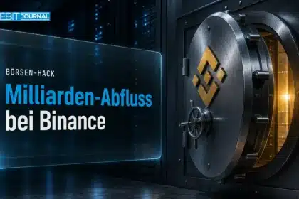 Binance Hack symbolisiert durch eine offene Stahltresortür in einem dunklen Serverraum mit gelbem Warnlicht