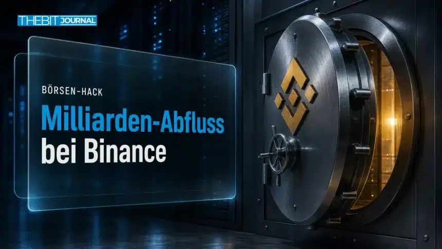 Binance Hack: Bis zu 5,8 Mrd. Dollar weg, Tether und Circle sperren Gelder 7 Binance Hack symbolisiert durch eine offene Stahltresortür in einem dunklen Serverraum mit gelbem Warnlicht