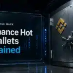 Binance hack illustrated by an open steel vault door in a dim server room with amber warning light