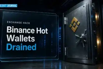 Binance hack illustrated by an open steel vault door in a dim server room with amber warning light