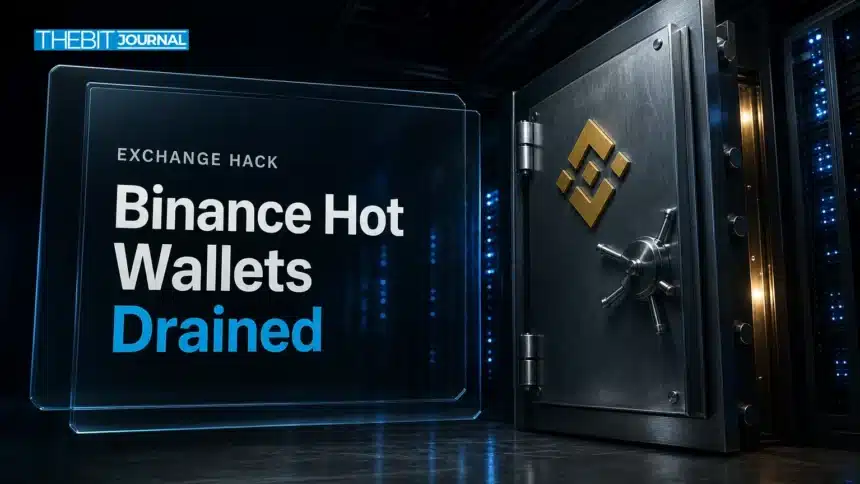 Binance Hack: Up to $5.8B Drained as Tether and Circle Freeze Funds 7 Binance hack illustrated by an open steel vault door in a dim server room with amber warning light
