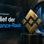 Goldene Binance-Logo-Skulptur neben einer offenen Tresortür als Symbol für den Binance Hack