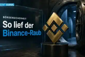 Goldene Binance-Logo-Skulptur neben einer offenen Tresortür als Symbol für den Binance Hack