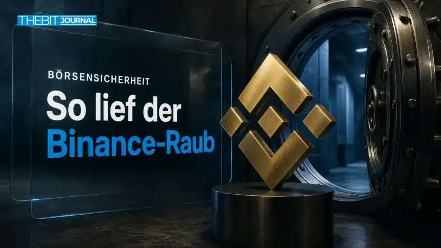 Goldene Binance-Logo-Skulptur neben einer offenen Tresortür als Symbol für den Binance Hack