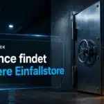 Binance Hack: schwere Tresortür aus Stahl, einen Spalt geöffnet, bernsteinfarbenes Licht fällt in einen dunklen Gang