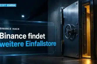 Binance Hack: schwere Tresortür aus Stahl, einen Spalt geöffnet, bernsteinfarbenes Licht fällt in einen dunklen Gang
