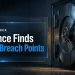 Binance hack concept: steel vault door slightly open with amber light spilling into a dark corridor