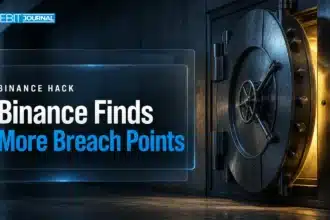 Binance hack concept: steel vault door slightly open with amber light spilling into a dark corridor