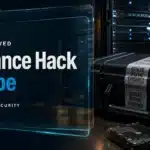 Binance hack editorial illustration showing a sealed digital evidence case beside server equipment
