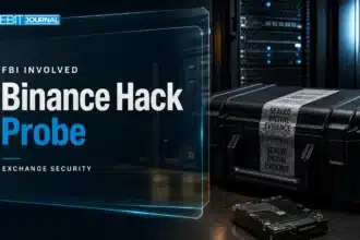 Binance hack editorial illustration showing a sealed digital evidence case beside server equipment