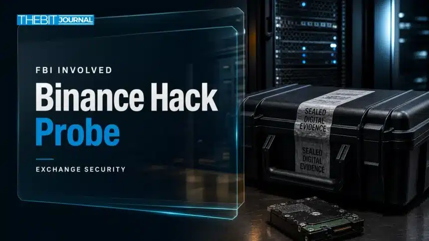 Binance hack editorial illustration showing a sealed digital evidence case beside server equipment